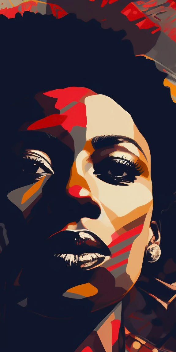 Illustration with red and black tones of a Black woman looking intently at the viewer with  other Black people standing behind her