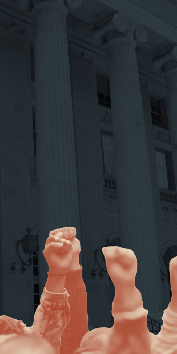 Dark blue courthouse background with activist raising fists in foreground
