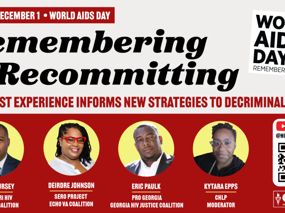 Red and White graphic with black letters reading Remembering and Recommitting with World AIDS Day logo and presenter head shots. 