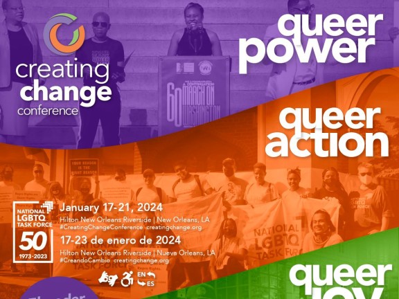 Purple, orange and green color blocks over groups photos with Creating Change logo and white text with the tagline: Queer power, queer action, queer joy.