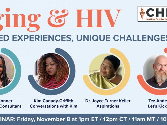Aging & HIV Webinar Title, Dates, Presenter Headshots and CHLP Logo