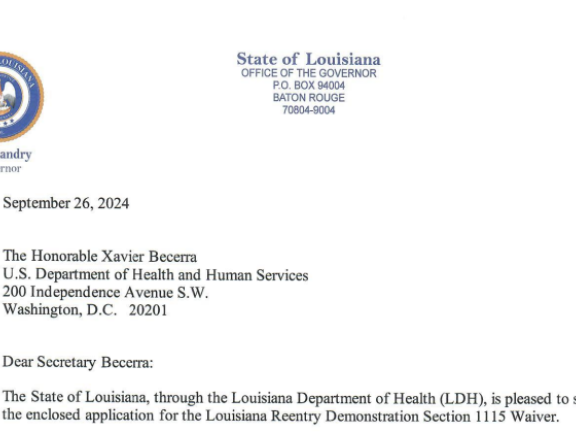 Screenshot of first page of letter with Louisiana state seal