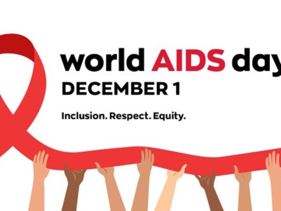 World AIDS Day graphic with red ribbon held up my different color arms.