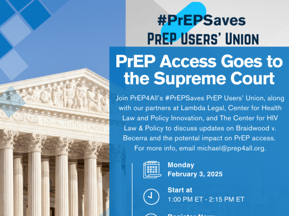 PrEP4All Event Graphic with Supreme Court photo on the left and event details on the right