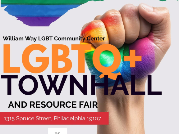 Rainbow flag with white fist painted in rainbow colors with event title and details.