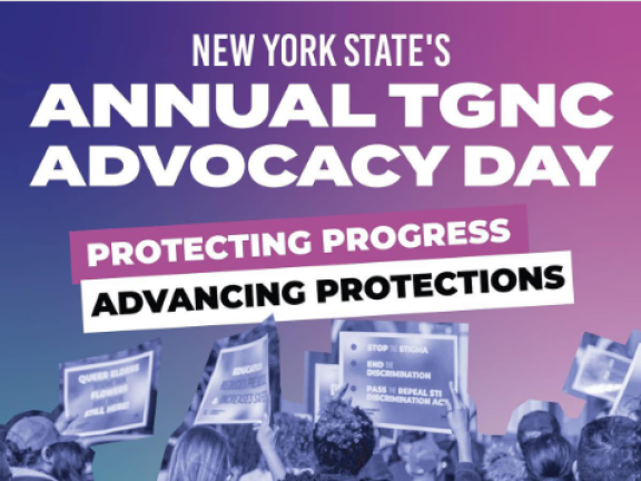 Purple and pink background with photo of people holding signs with the event title and details in white type.
