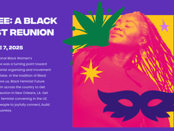 Purple background with pink, green and yellow duotone of a Black woman smiling with her eyes closed. Event details in white type.
