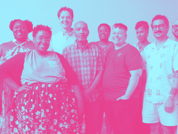 Duotone blue and pink of staff group photo