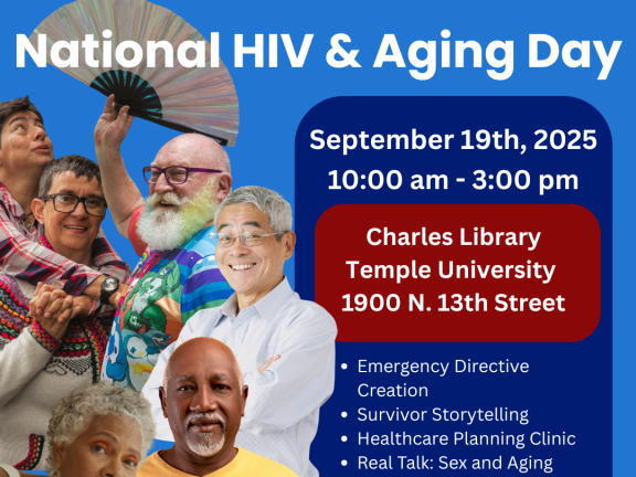 Royal Blue background with a group of elder adults silhouetted with event details in dark blue and red boxes with white type, a Red ribbon and logos for the Philly Dept of Health and AIDS Law Project of PA.