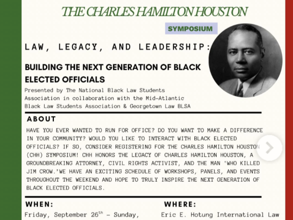 Flyer with white background and red and green border with event details in black type and photo of Charles Hamilton Houston