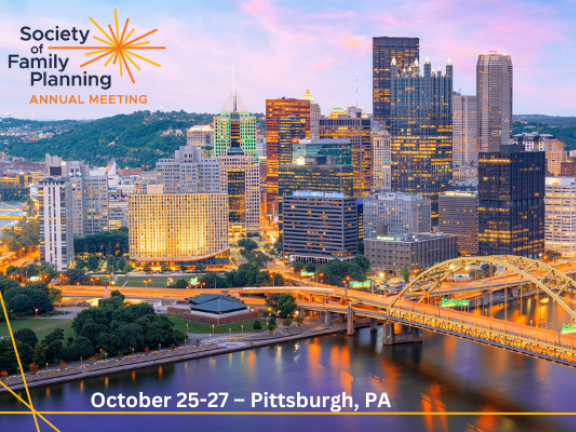 Aerial view of Pittsburgh with Society of Family Planning logo and conference dates.