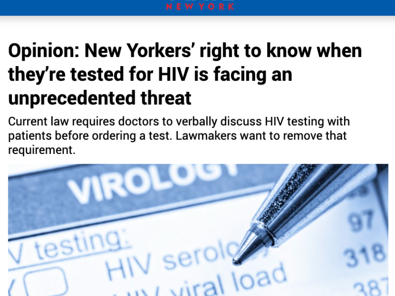 City and state NY logo with article title and stockphoto of a pen checking and HIV viral load box