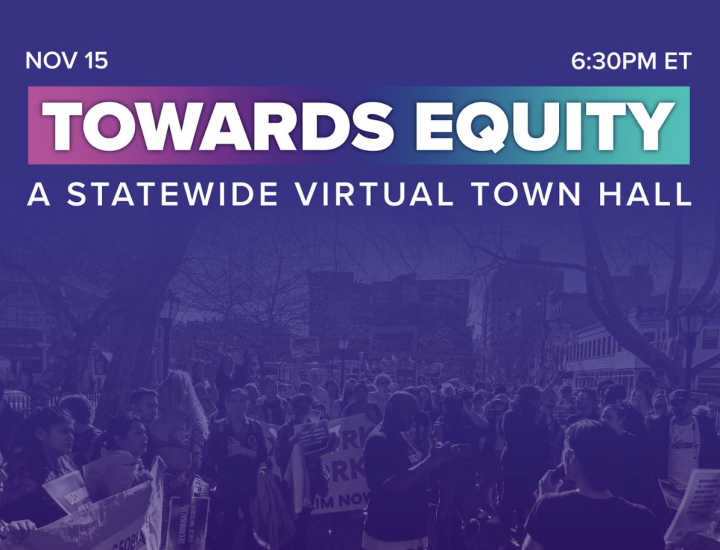 Towards Equity: A statewide virtual townhall on a purple background