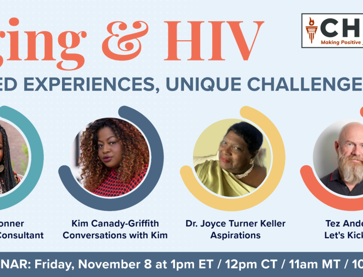 Aging & HIV Webinar Title, Dates, Presenter Headshots and CHLP Logo