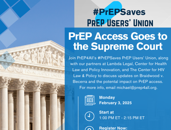 PrEP4All Event Graphic with Supreme Court photo on the left and event details on the right