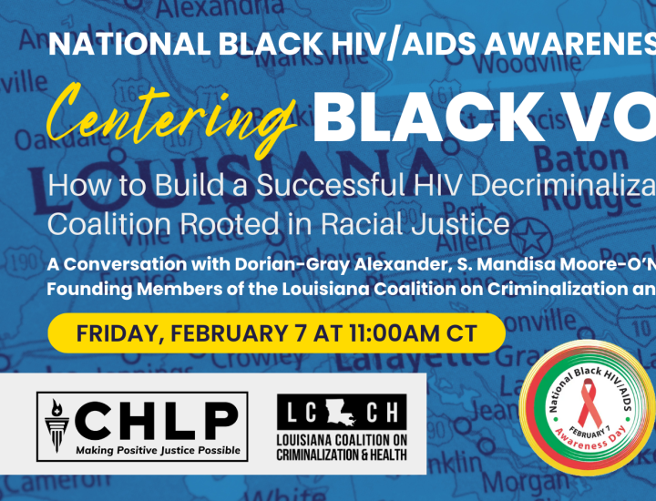 Top half of graphic has a blue map of Louisiana in the background with white and yellow type with the event name and presenter headshots. Lower half of graphic has light gray background with black type with event details, QR registration code CHLP and LCCH org logos