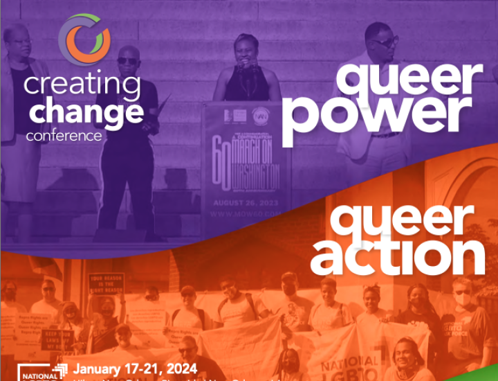 Creating Change logo on purple photo with "Queer Power" in white letters.