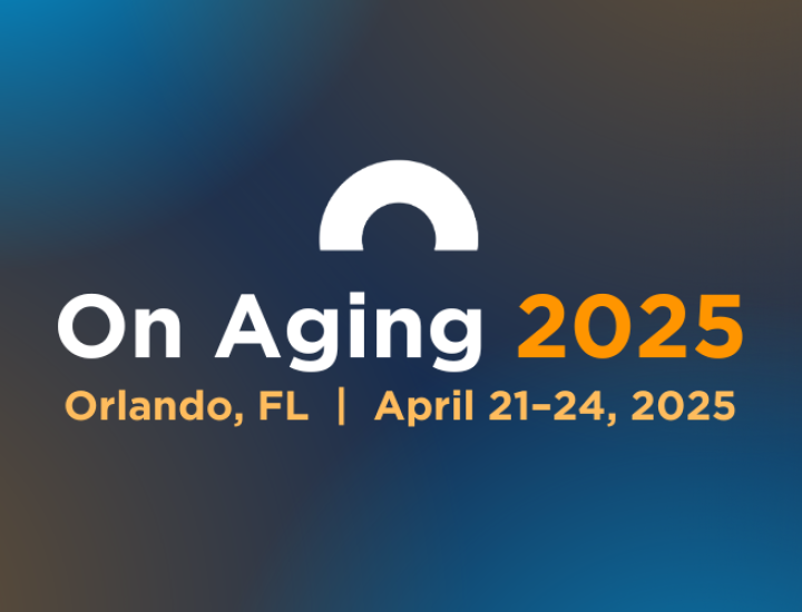 On Aging Logo Graphic with photo of a woman speaking in a crowded conference room