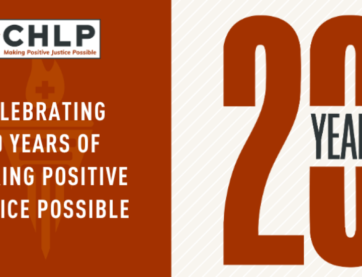 Red background with CHLP logo and white type reading Celebrating  20 years of  making positive justice possible on the left, on the right a light background with the words 20 years in large red and black type.