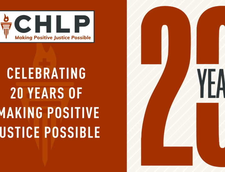 CHLP Logo, "Celebrating 20 Years of Making Positive Justice Possible" in white letters over brick red background alongside a large "20 years"