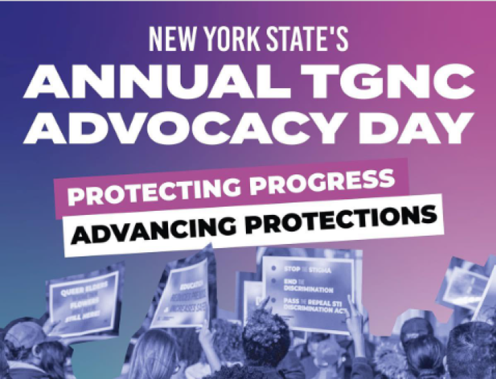 Purple and pink background with photo of people holding signs with the event title and details in white type.