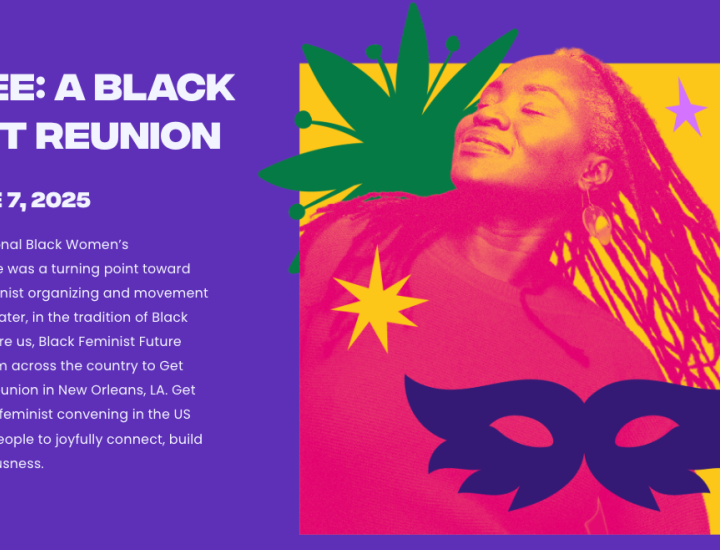 Purple background with pink, green and yellow duotone of a Black woman smiling with her eyes closed. Event details in white type.