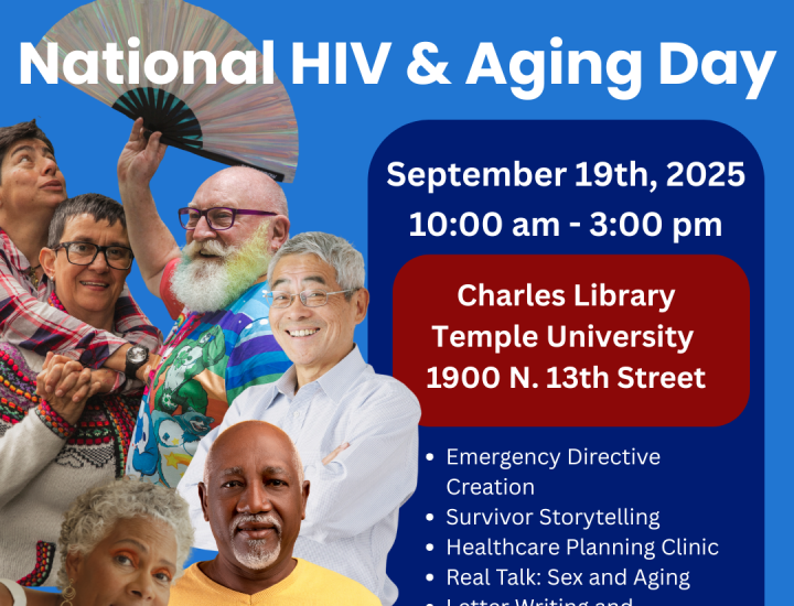 Royal Blue background with a group of elder adults silhouetted with event details in dark blue and red boxes with white type, a Red ribbon and logos for the Philly Dept of Health and AIDS Law Project of PA.
