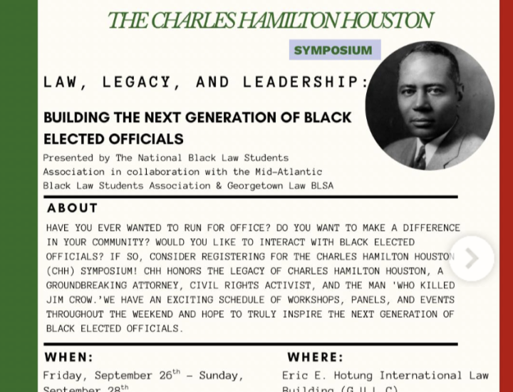 Flyer with white background and red and green border with event details in black type and photo of Charles Hamilton Houston