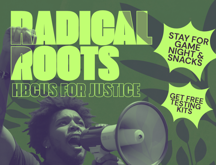 Dark green with neon green lettering with event details, a duotone green/purple photo of a young Black man raising a fist and shouting into a megaphone with leaf silhouettes in the background in green and org logos in white at the bottom over a dark purple background.